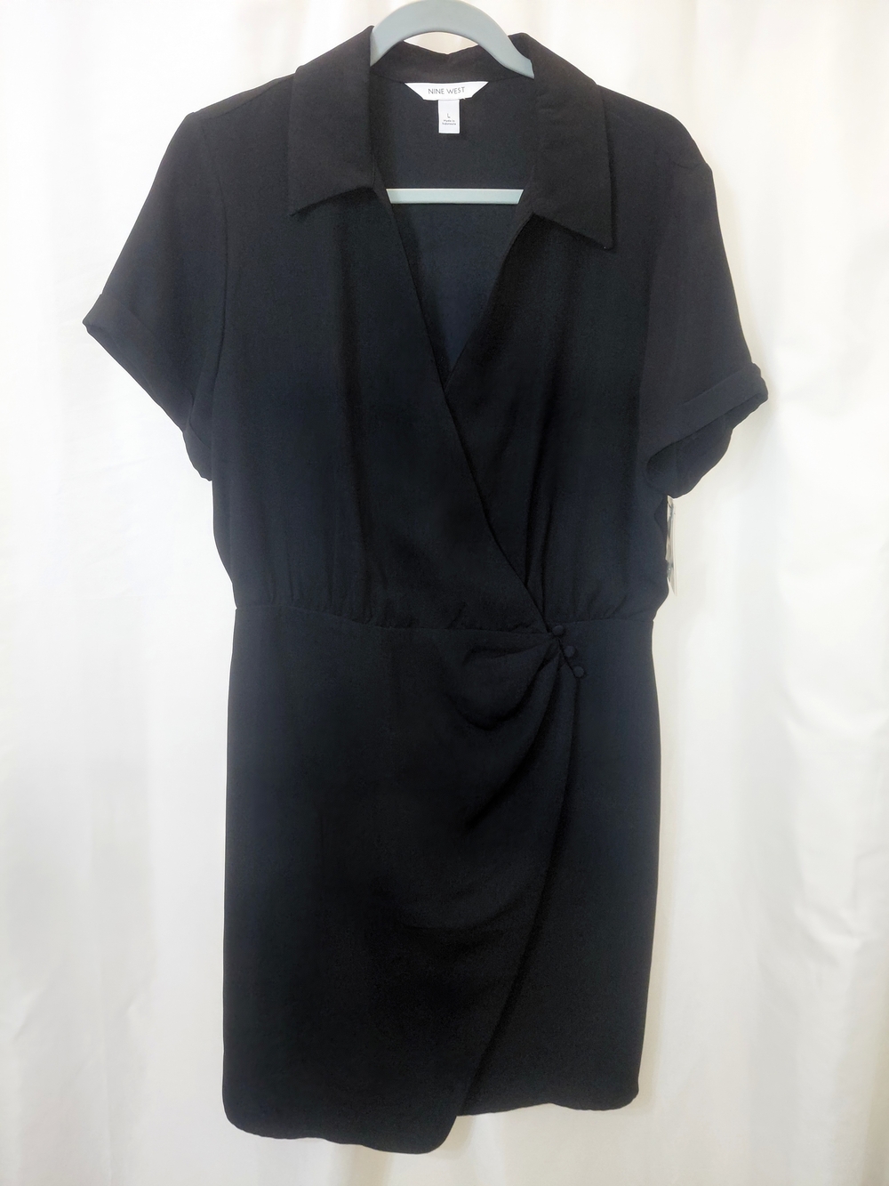 NWT Sz L Nine West Black Short-Sleeve Faux-Wrap Lined Dress